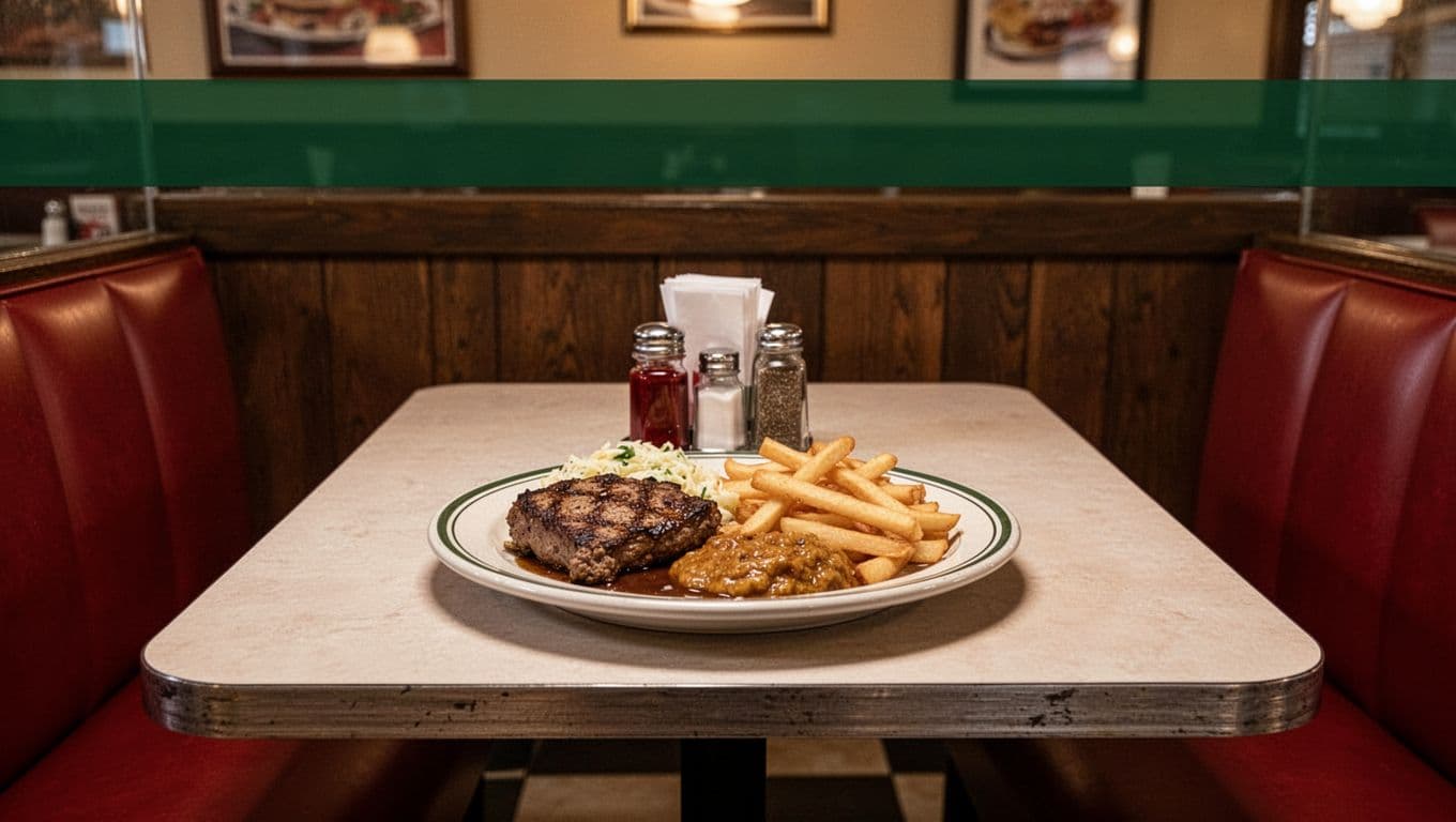 A diner table displays plates of homestyle food under warm light.