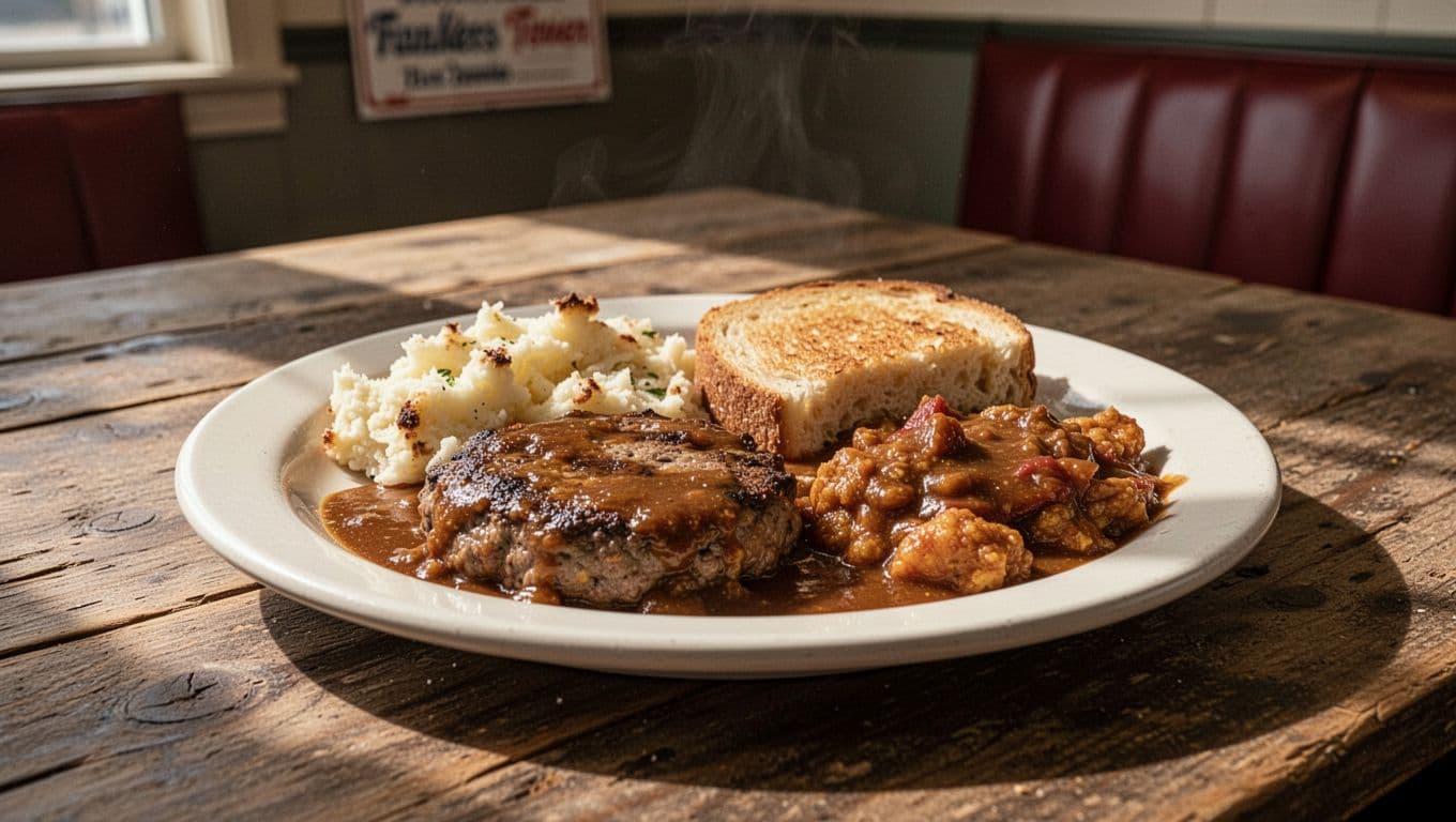 A hearty Southern meal on a wooden table in a small-town diner.