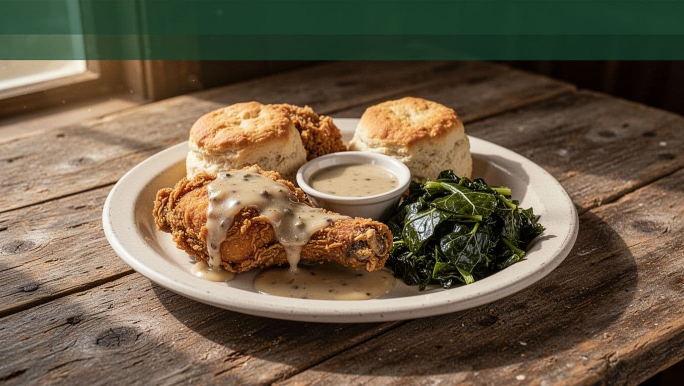 Southern diner food platter with fried chicken and biscuits on a wooden table.