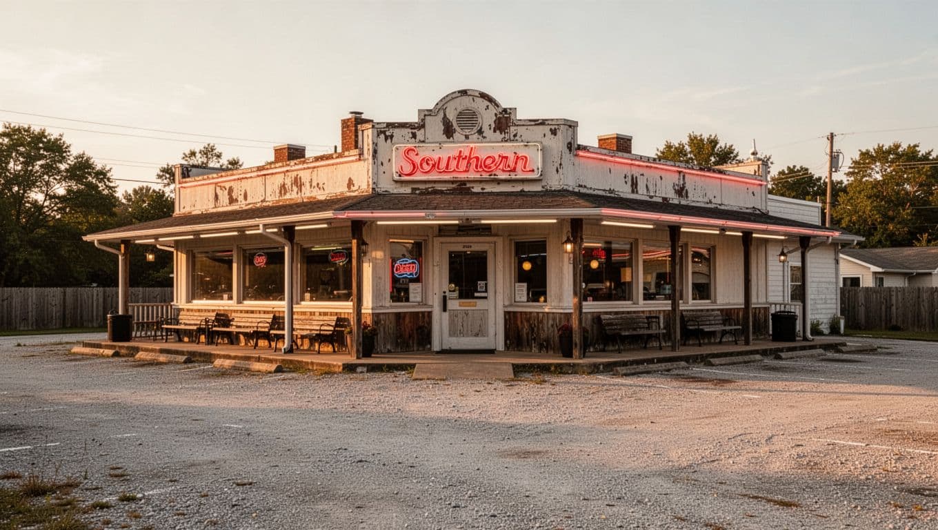 A vintage diner beside a gravel lot in warm evening light.