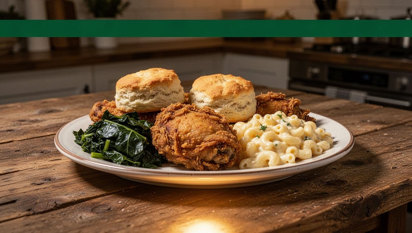Fried chicken and sides on a rustic table beneath a Southern Fare headline.