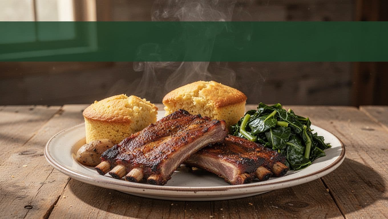 A plate of barbecue and sides beneath a green Southern Flavors banner.