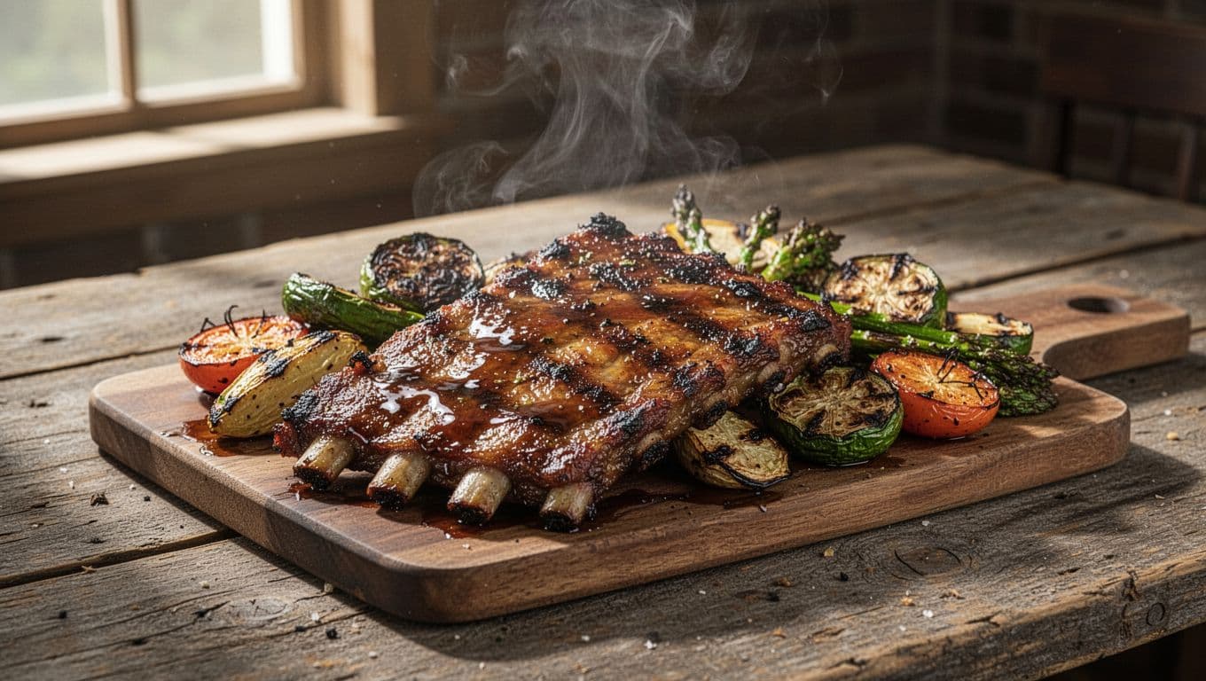 A grilled Southern meal on a rustic table beneath a green dining headline band.