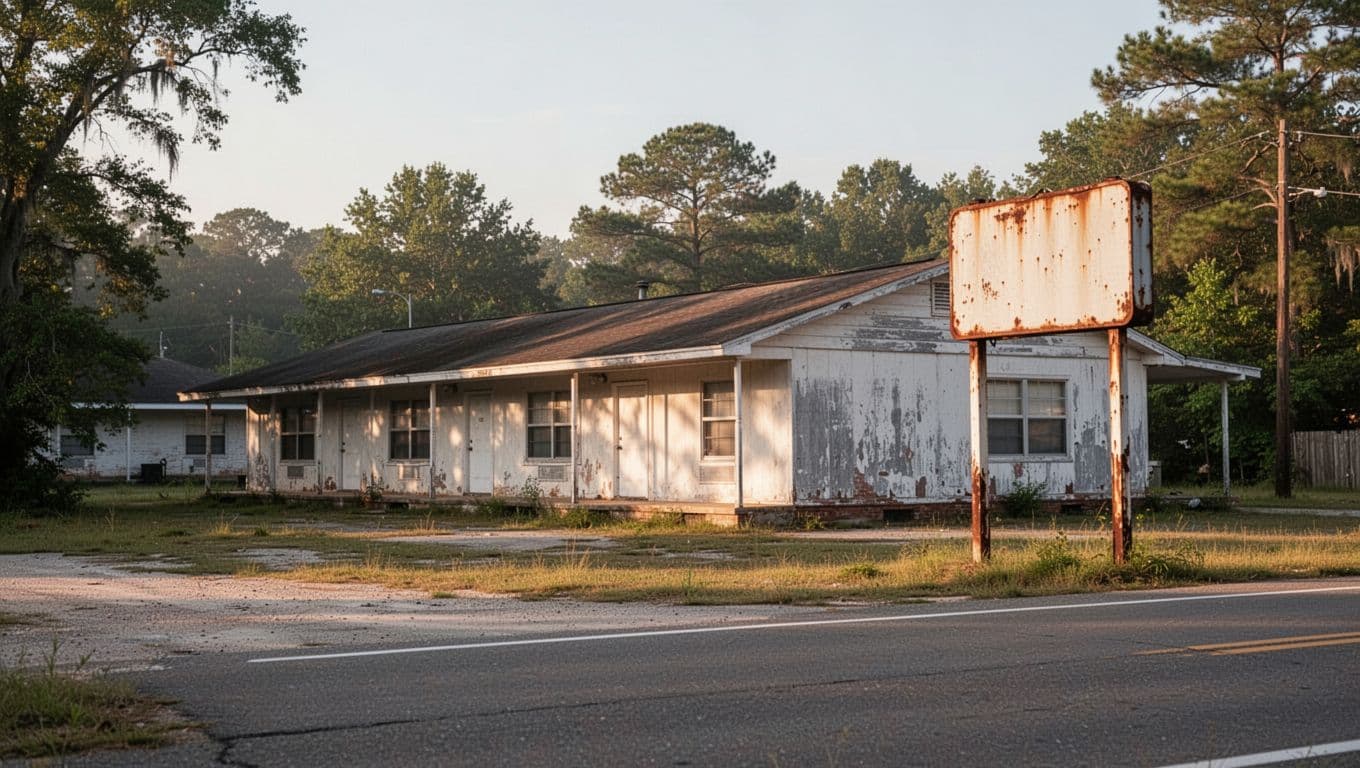 A quiet Alabama motel beside a vintage roadside sign in morning light.