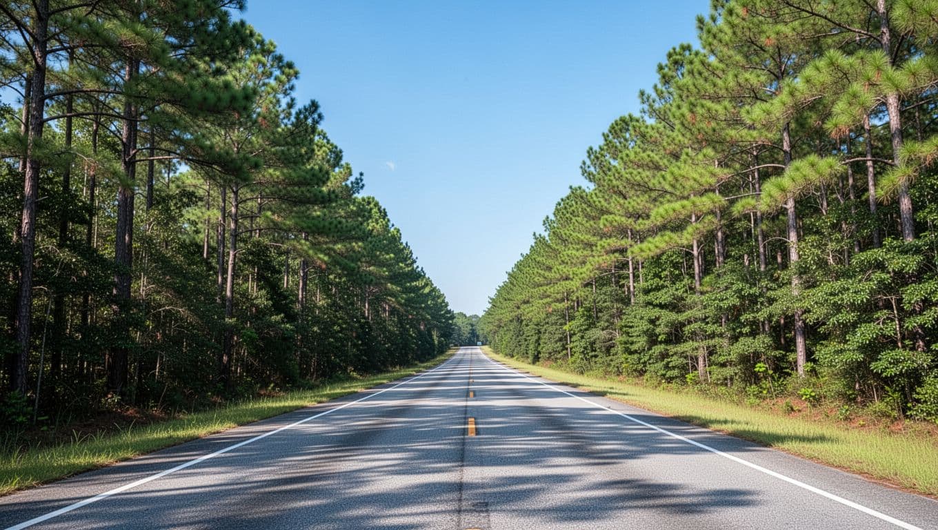 A quiet highway winding through green pine trees beneath a clear sky.