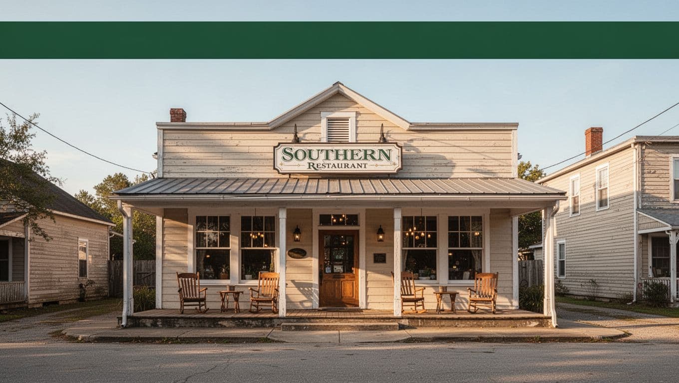 A Southern restaurant with a porch, outdoor seating, and a Nearby Eats headline.