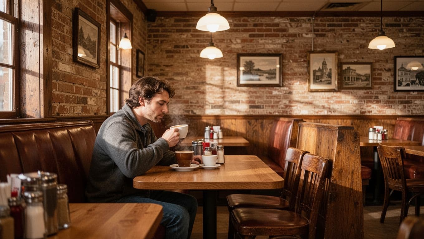 A person drinks coffee at a wooden table inside a warmly lit Southern diner.