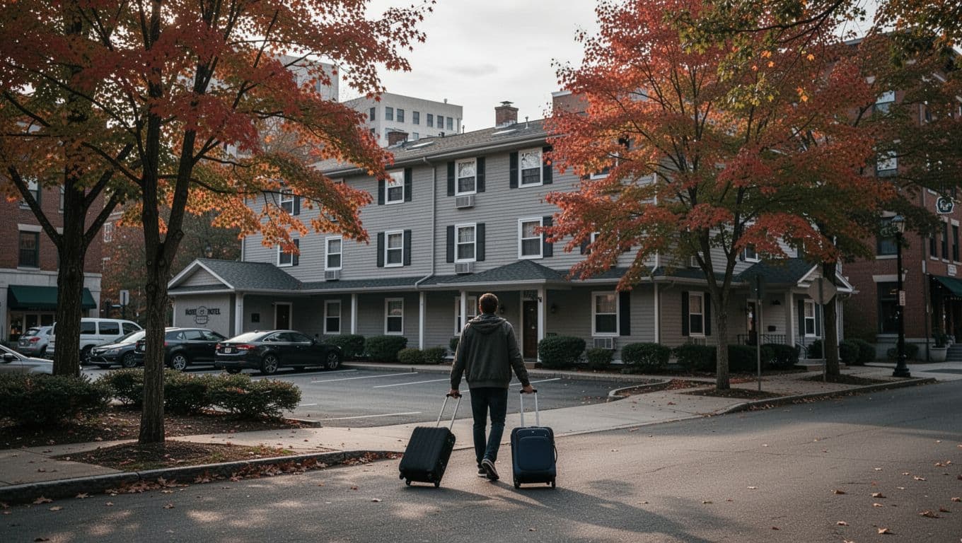 A traveler with one suitcase approaches a modest hotel beside a parking area.