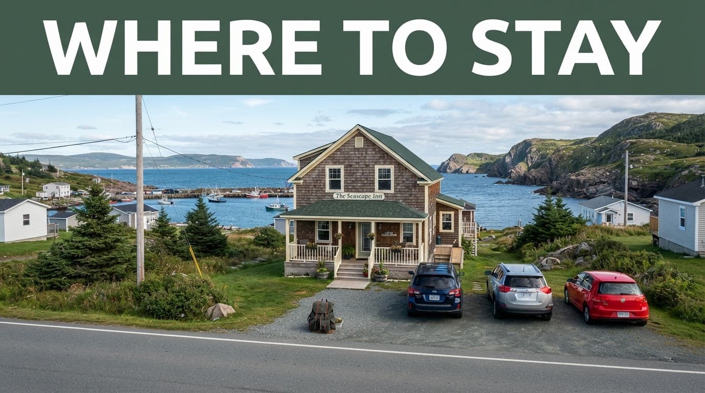 A coastal inn with parked cars and a backpack near its entrance.