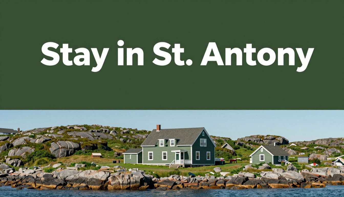 A modest coastal inn beside rocky shore and green hills under a dark-green headline band.