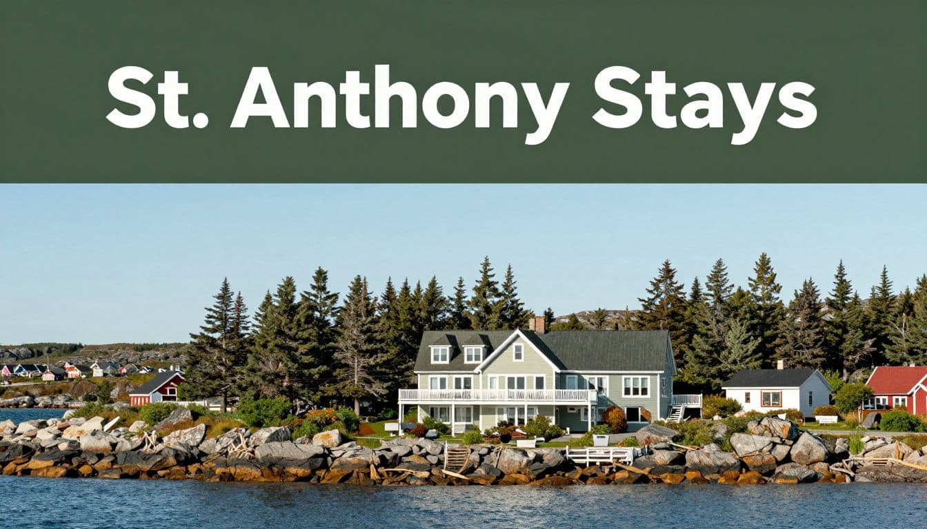 Two-story coastal lodge beside a rocky shore with spruce trees and distant hills.