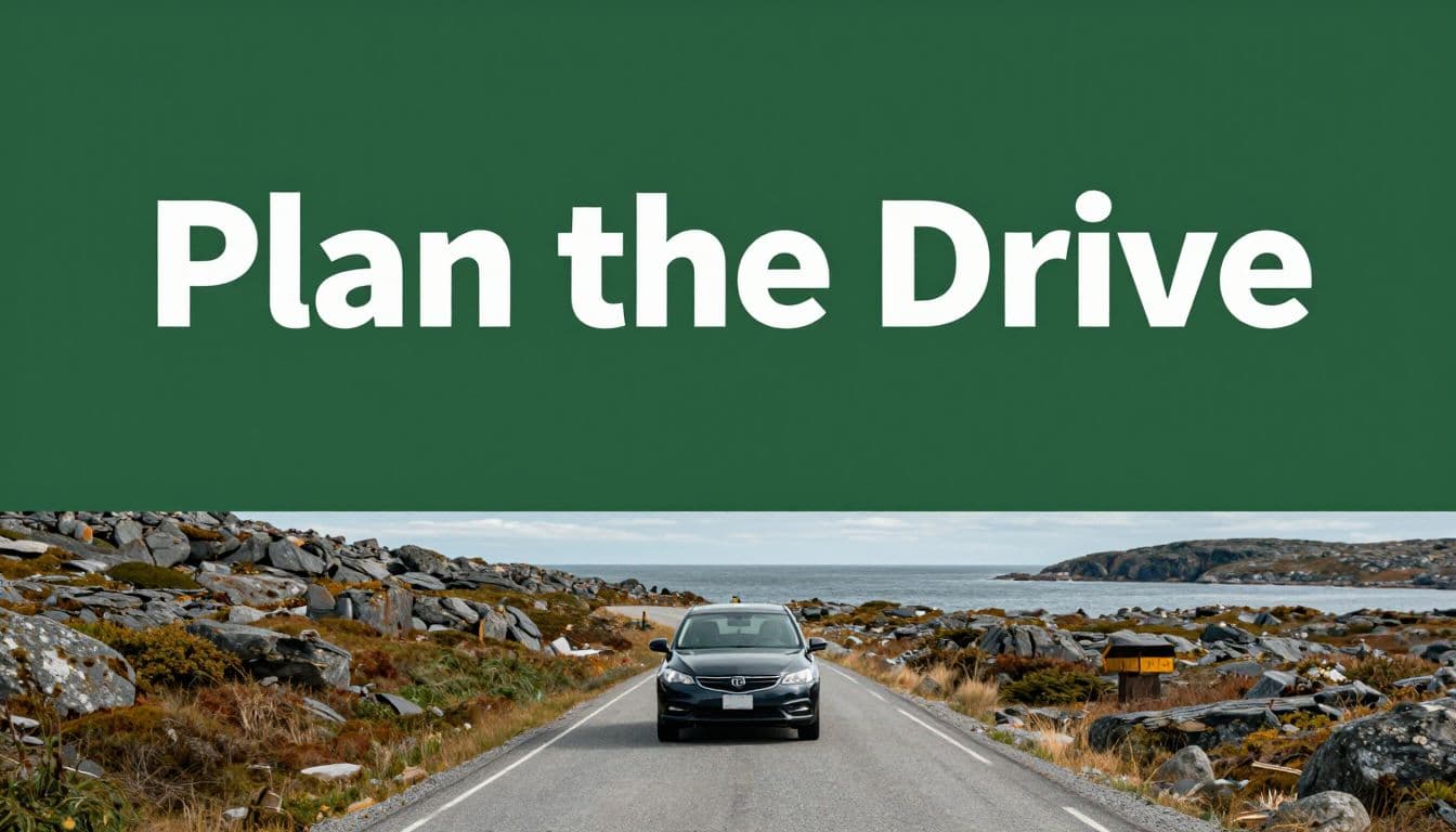 A rental car on a coastal road with rocky shore, tundra, and distant sea.