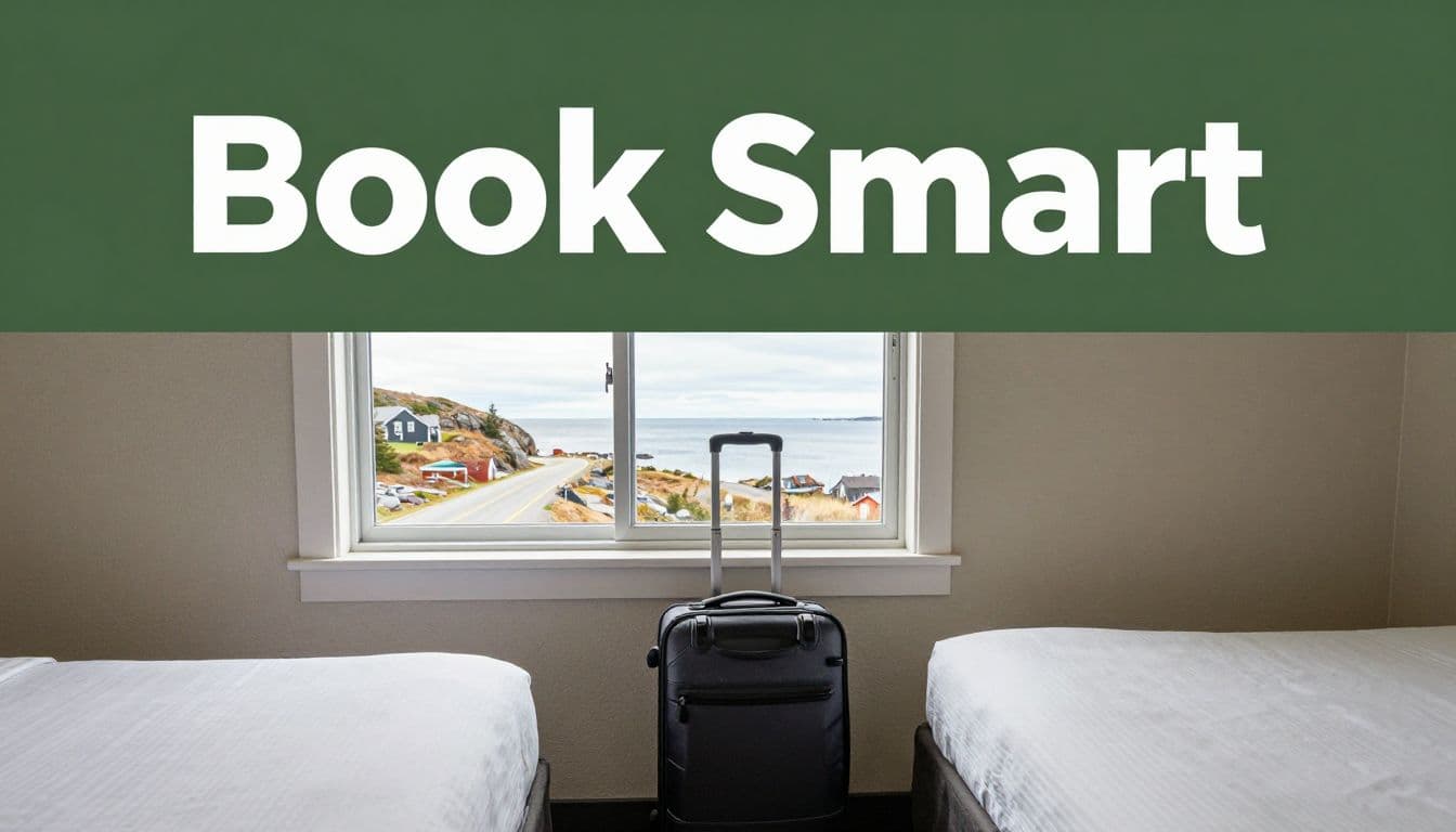 A packed suitcase beside a hotel bed overlooking a coastal road and ocean.