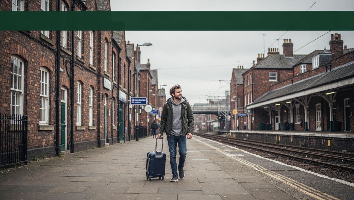 A traveler pulls a small suitcase near St Helens railway station.