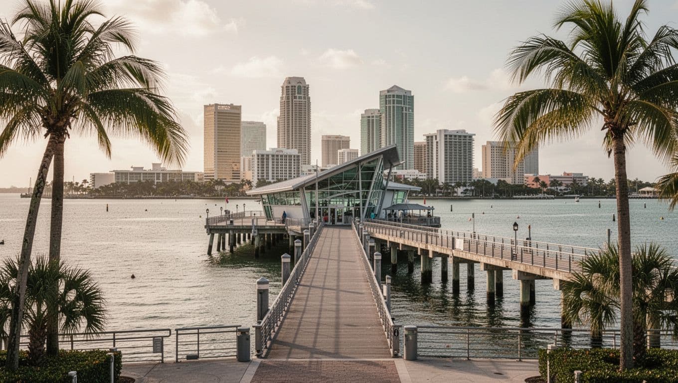 The St. Pete Pier reaches across calm water toward the downtown skyline.