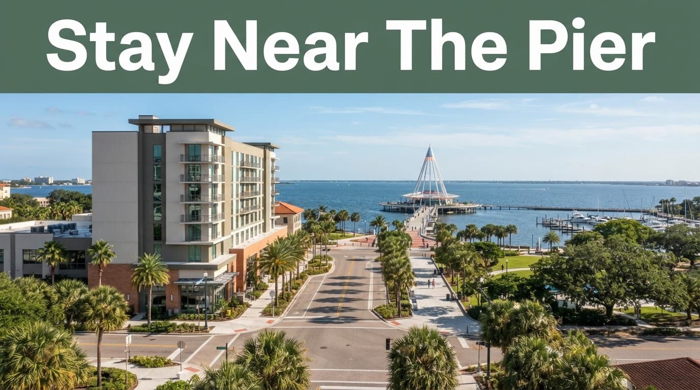 Modern hotel near the St. Pete Pier on a sunny waterfront street.