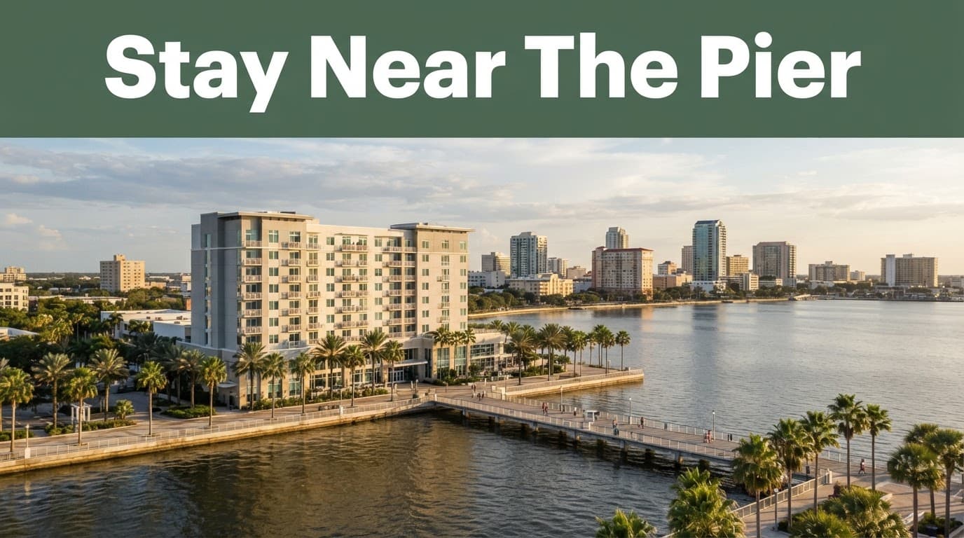 Waterfront hotel beside a pier with palm trees, bay water, and a small city skyline.