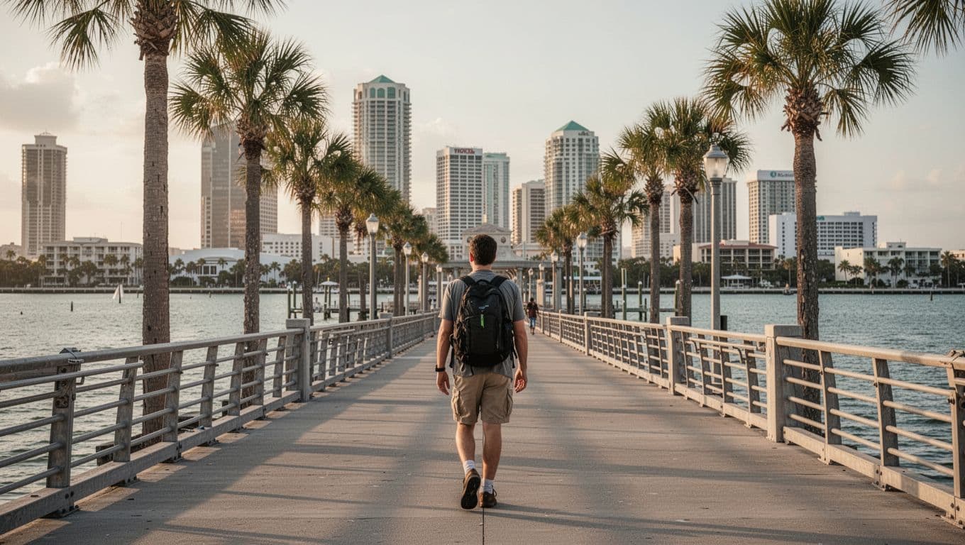 A traveler walks along St. Pete Pier toward downtown with the bay and skyline ahead.