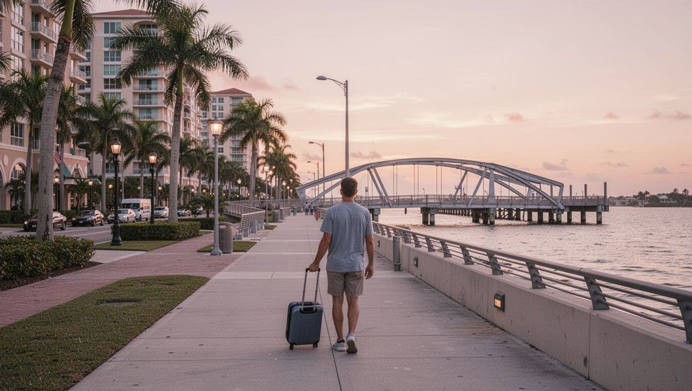 A traveler with a suitcase walks toward the St. Pete waterfront pier.