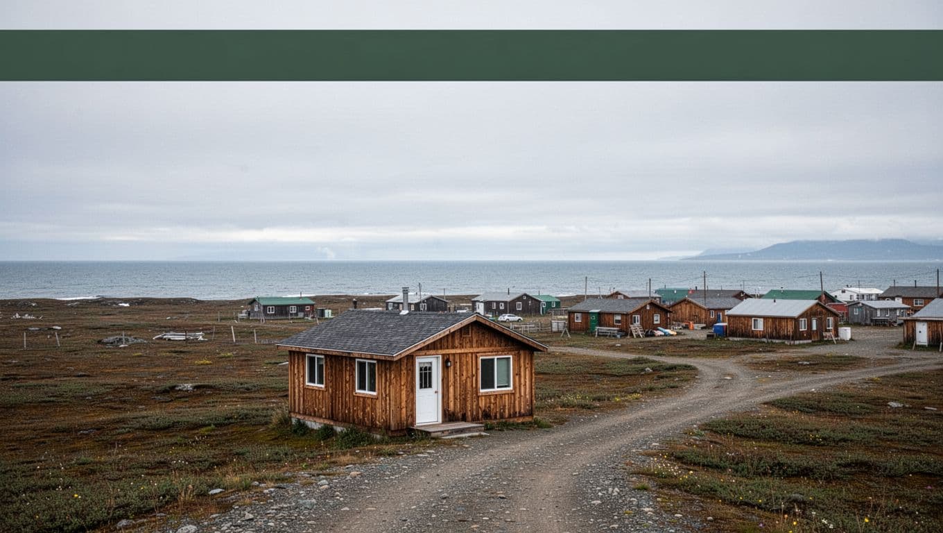 A small guest building beside a gravel path on treeless coastal tundra.