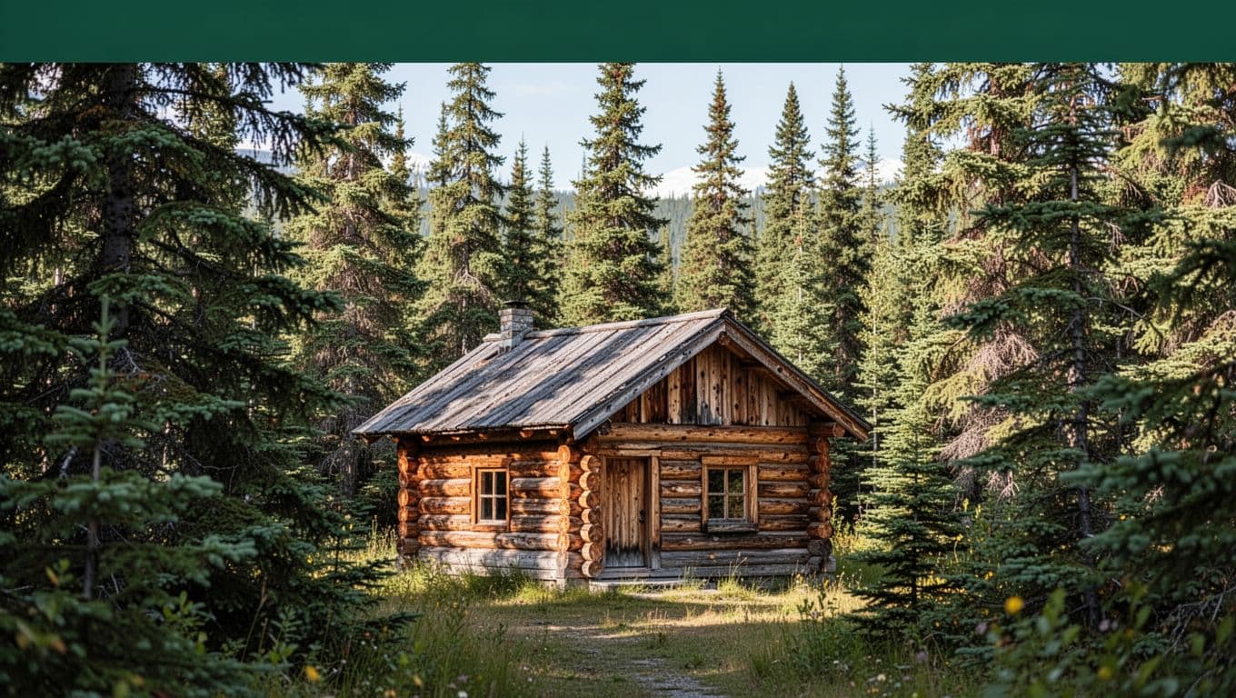 Rustic log cabin among spruce trees beneath a dark green headline band.
