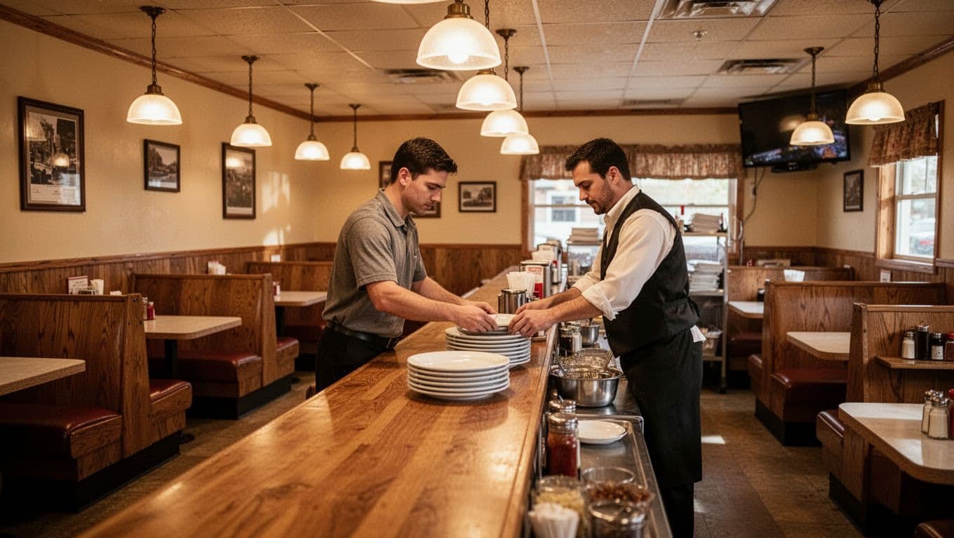 A warm small-town diner with wooden booths, one server, and a green Local Flavor banner.