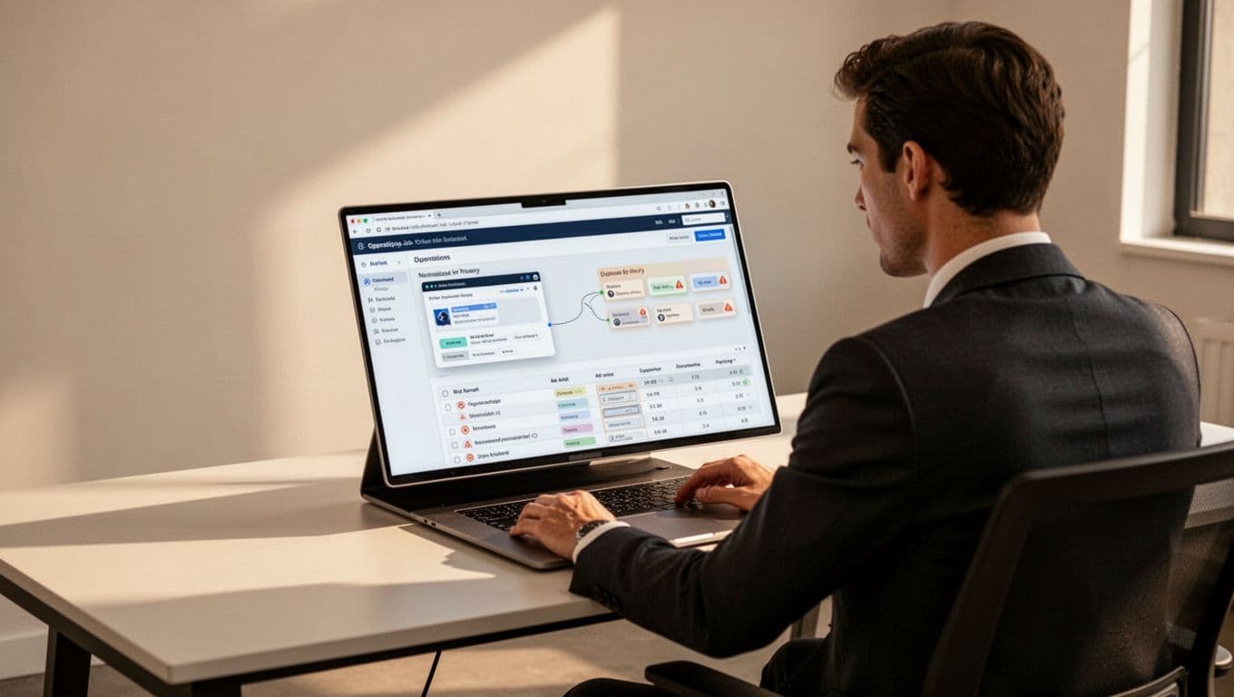 A recruiter reviews organized job records and duplicate alerts on one laptop.