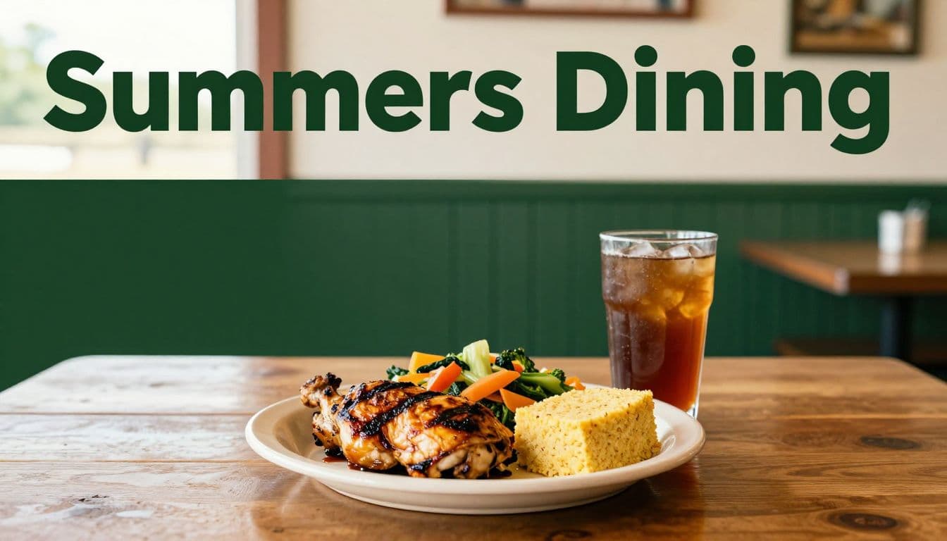 Grilled chicken, vegetables, cornbread, and iced tea on a wooden table.