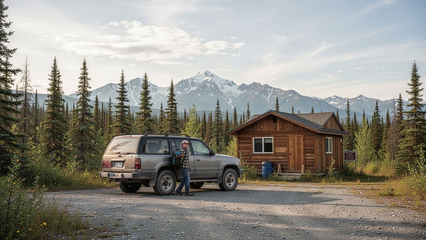 A traveler stands beside an older SUV near a remote cabin in Alaska.