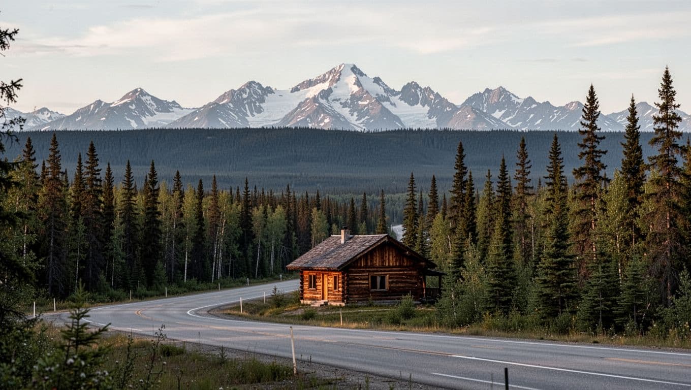 A rustic cabin among spruce trees with snowy mountains in the distance.