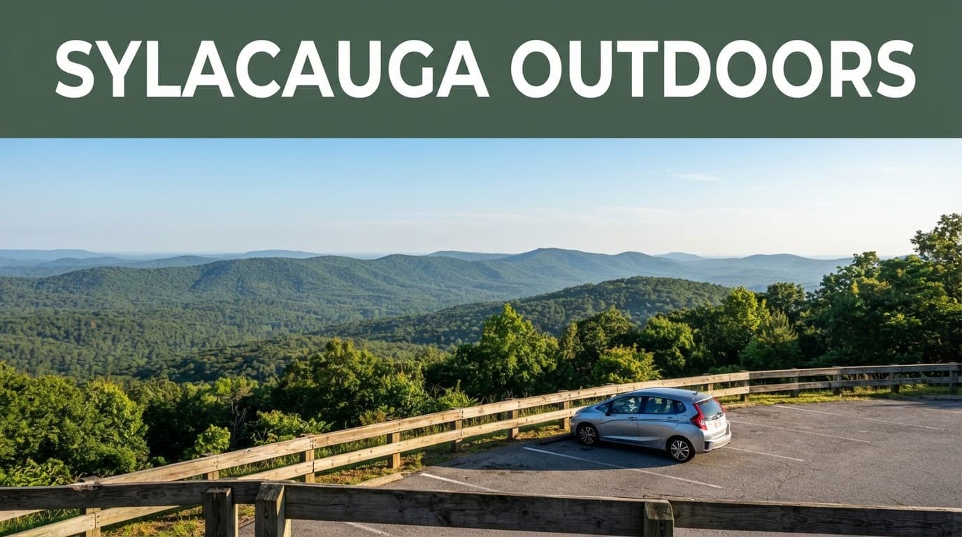 A parked car overlooks wooded Alabama foothills near Cheaha Mountain.