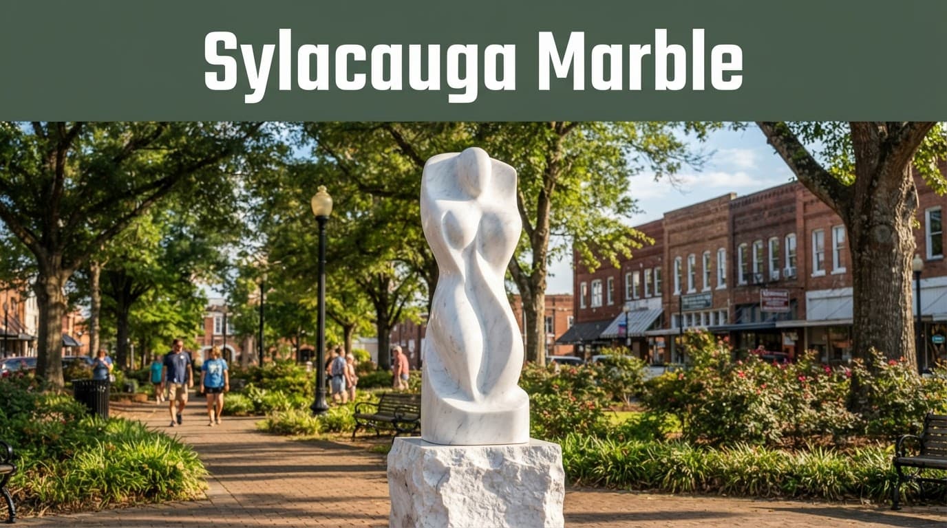 White marble sculpture in a Sylacauga park with trees and historic buildings.