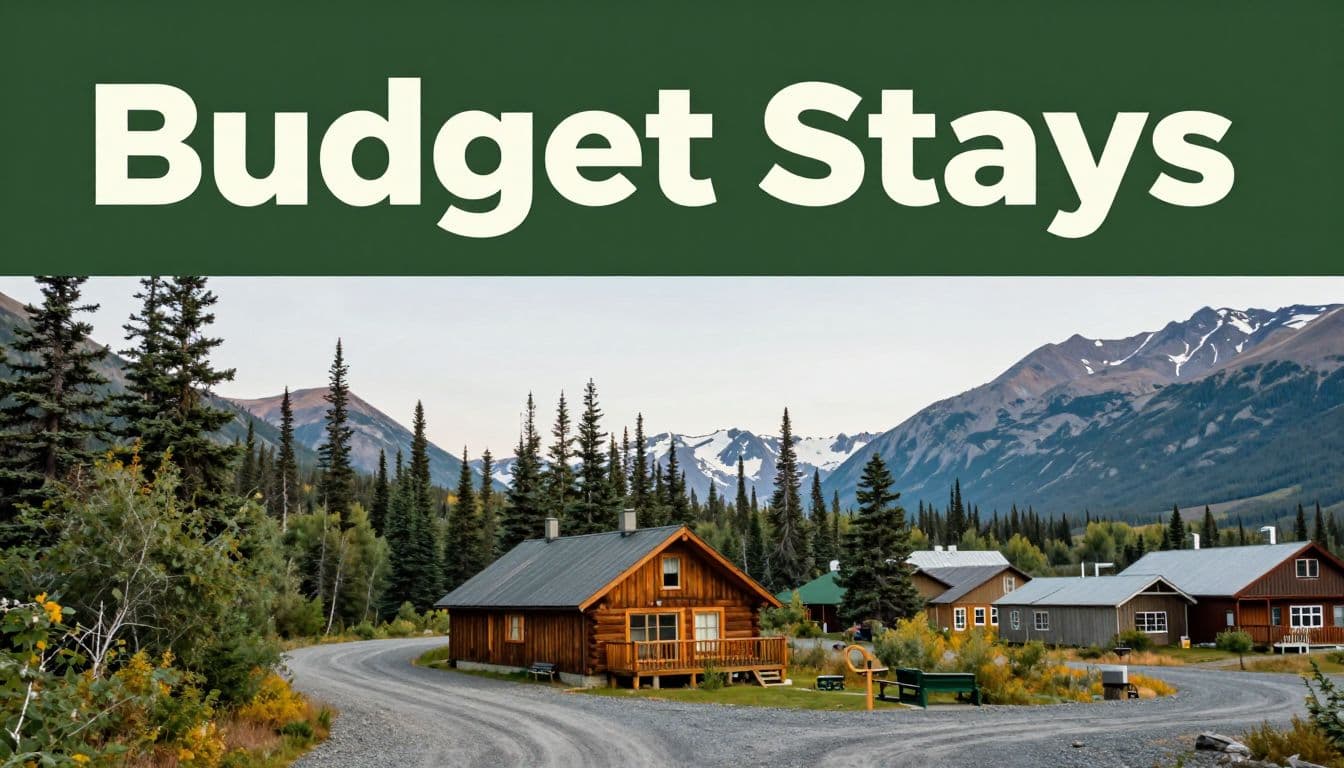 Rustic cabin and small lodging buildings beside spruce trees with Alaska mountains behind.