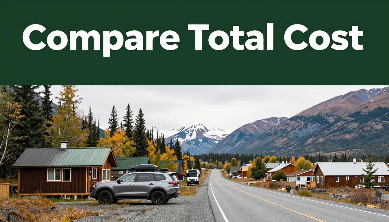A rental SUV and rustic cabin sit beside a village road with mountains beyond.