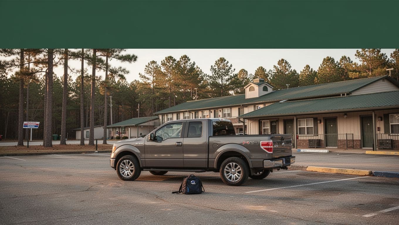 A pickup truck and overnight bag outside a roadside hotel near Talladega Speedway.