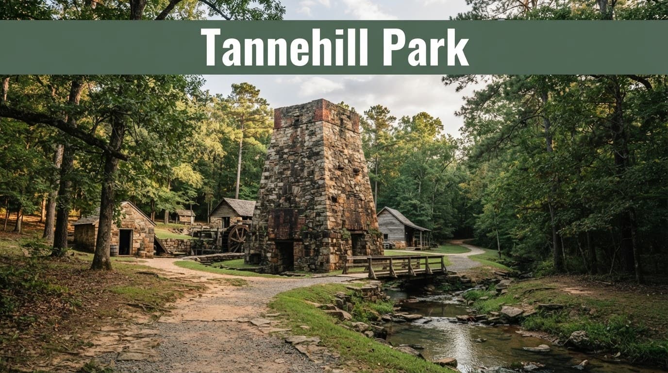 A historic furnace building beside wooded paths and a small creek at Tannehill Park.