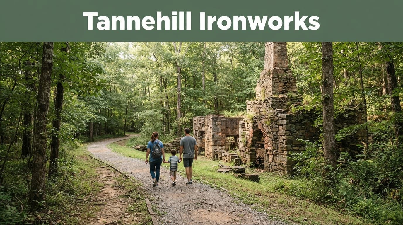 Three visitors walk past historic ruins on a wooded trail.