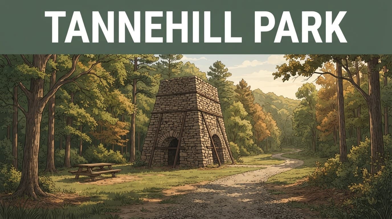 Historic furnace beside a wooded trail and picnic table at Tannehill Park.