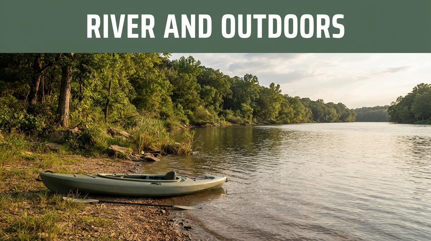 An empty kayak rests beside the calm Tennessee River beneath a wooded shoreline.