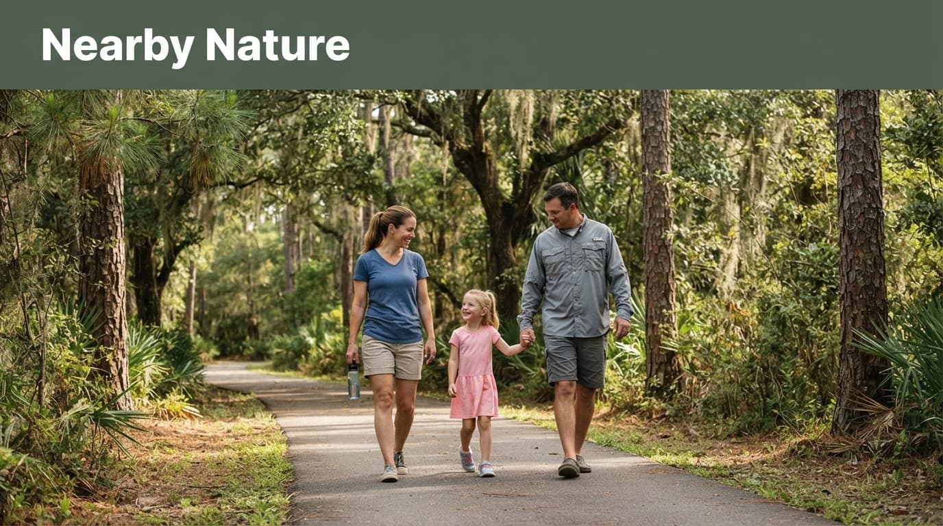 Two adults and a child walk along a shaded Gulf Coast nature trail.