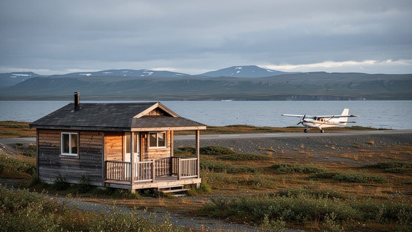 A small cabin sits on tundra with a bush plane near the coast.