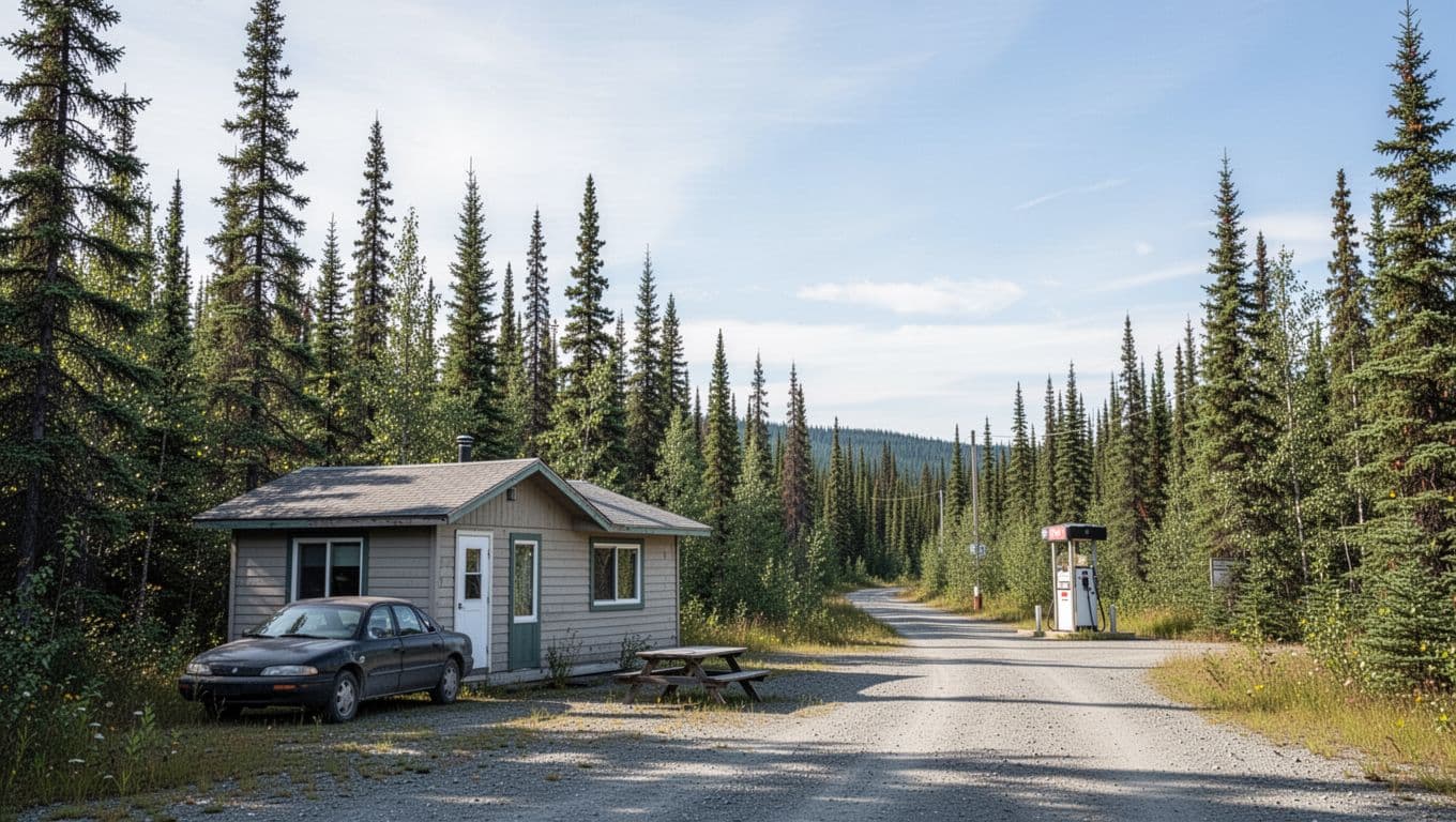 One vehicle and a cabin rental sit beside a picnic table under evergreen trees.