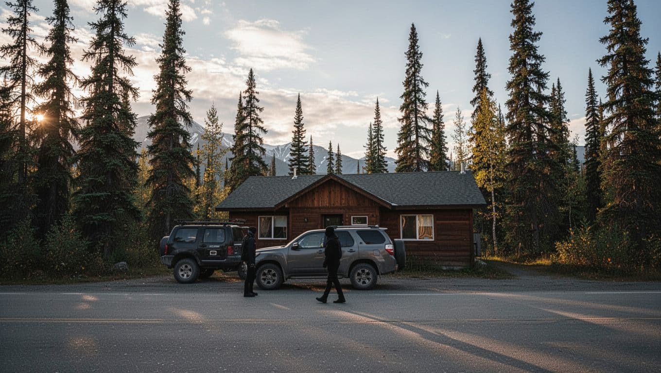 An SUV and lone traveler outside a small Alaska motel at sunset.