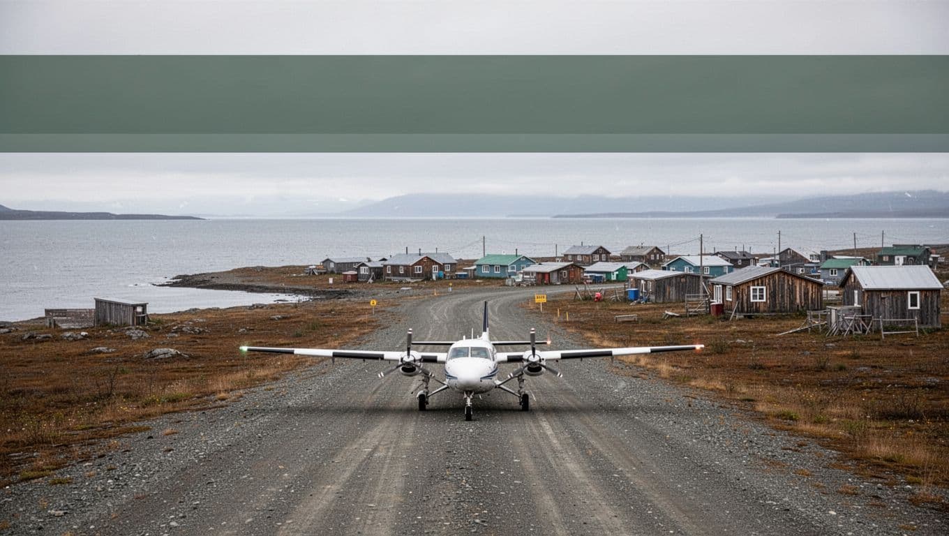 Small plane on a gravel runway beside homes, tundra, and calm gray water.