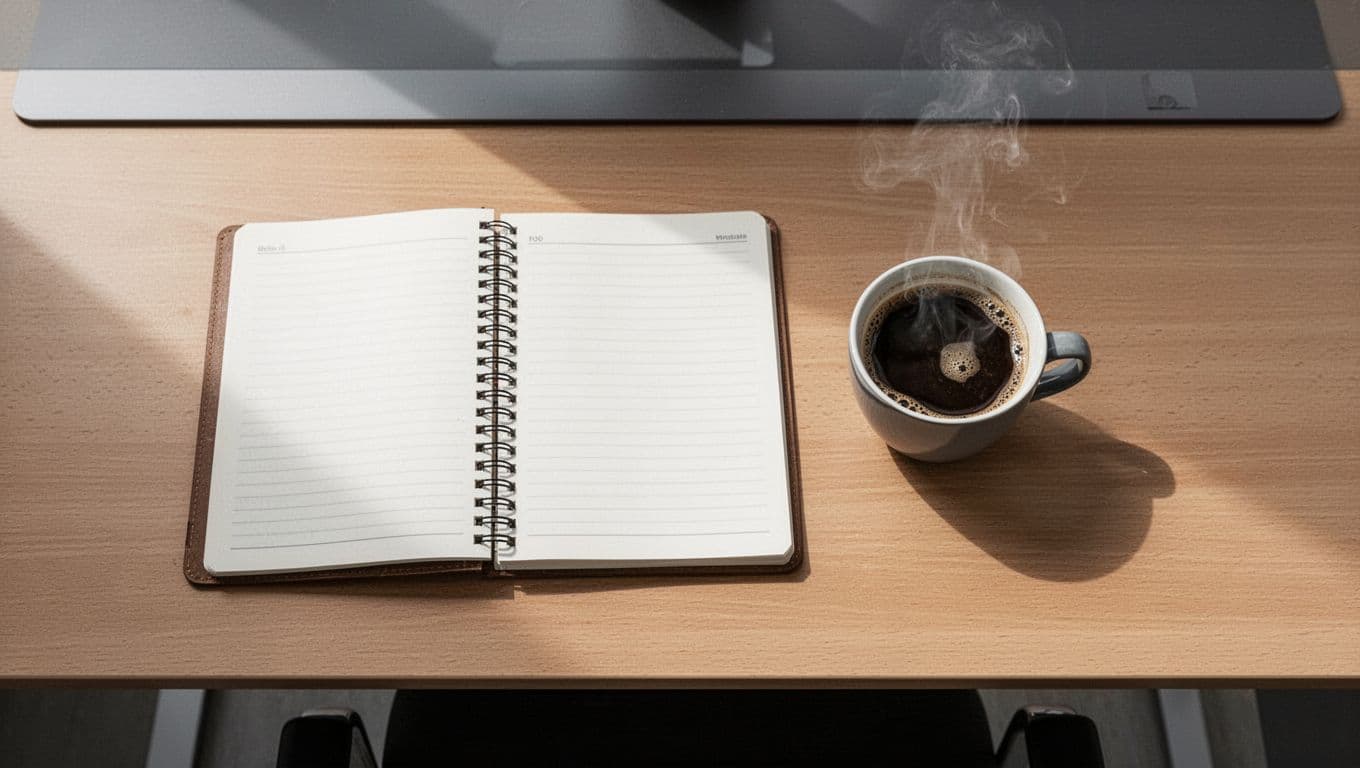 Notebook and coffee cup arranged on a modern desk for travel planning.