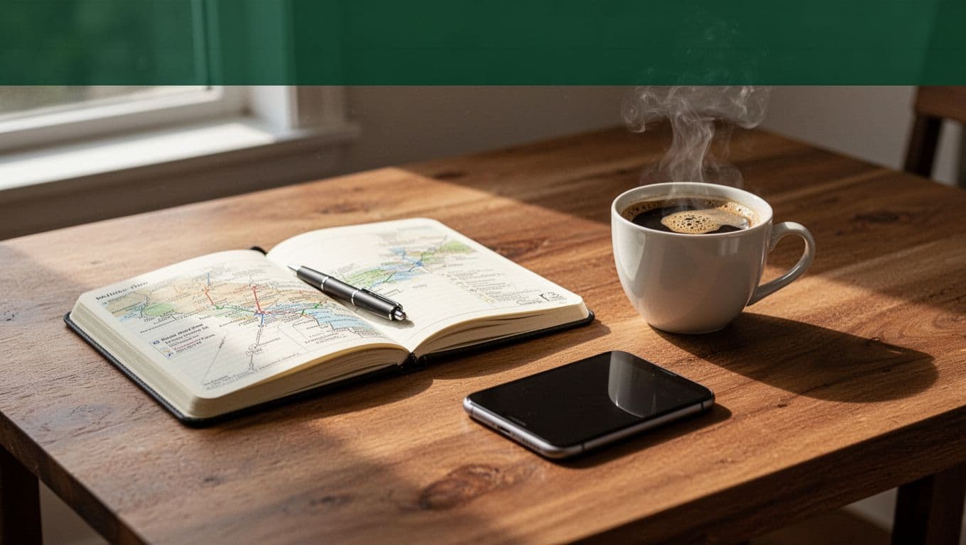 Travel Tips banner above a desk with a notebook, phone, and coffee.