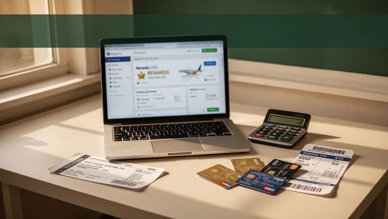Laptop, boarding pass, calculator, and three cards arranged on a desk by a window.