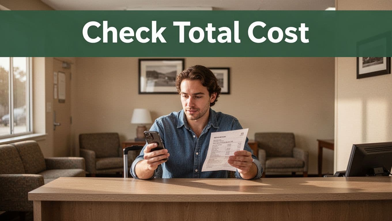 Traveler comparing a phone and paper reservation at a hotel desk.