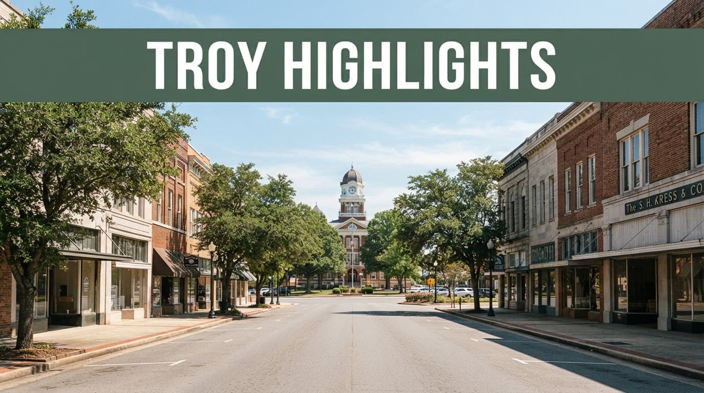 A quiet Troy street leads toward a courthouse beneath mature trees.