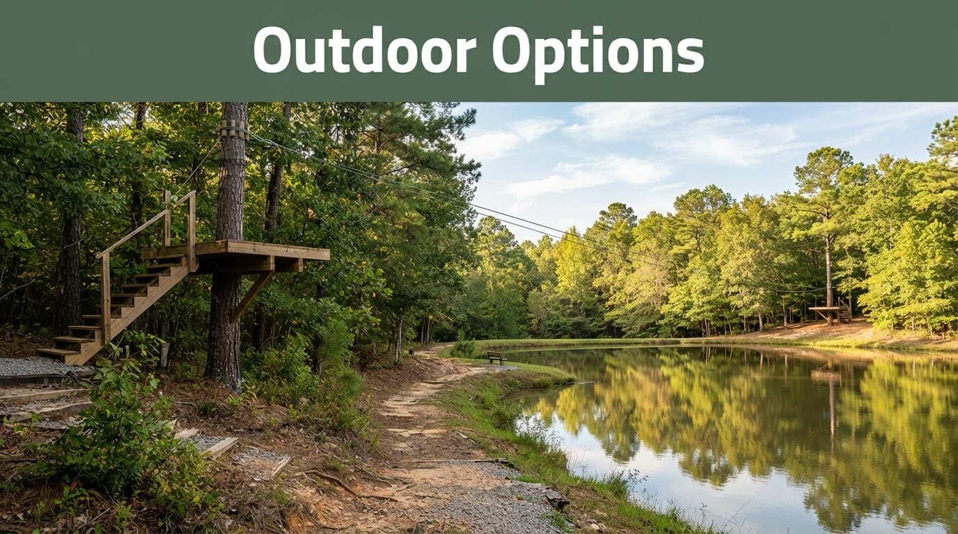 An empty zip-line course and wooded trail beside a calm pond.